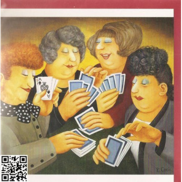 edle Gross-Karte mit rotem Umschlag quadratisch "vier Frauen geniessen Bridge"